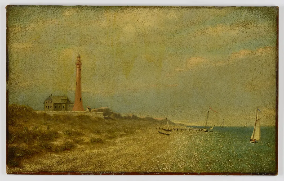 Painting of the Fire Island lighthouse above the dunes