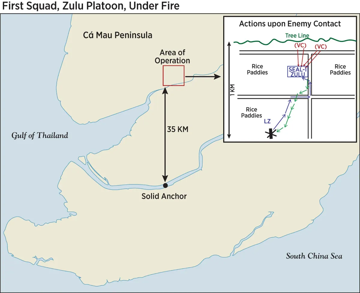 Map of the Cà Mau Peninsula showing Solid Anchor, the area of operation 35 kilometers to the north, and an inset of the squad’s moves between the rice paddies and the tree line