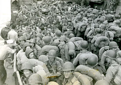 A contingent of WACs are sent on landing craft onto the European continent in 1944. Many would support the Army Air Forces and Army Headquarters through the end of the war. (Photo courtesy of U.S. Army Women's Museum)