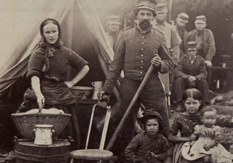 A family at the 31st Pennsylvania Infantry Regiment Camp, near Fort Slocum, Va. Wives of Soldiers who followed them to the camps often worked as cooks and laundresses. Living in the camp helped to support the family and improved morale. (Photo courtesy of U.S. Army Heritage and Education Center)