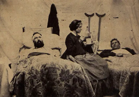Nurse Annie Bell with patients after the Battle of Nashville (circa 1864). This image was used by the Sanitary Commission during its Northwest Sanitary Fair in Chicago in 1865. (Photo courtesy of U.S. Army Heritage and Education Center)
