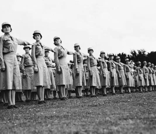 Fort Des Moines opens as the first WAAC training center in July 1942. Training at Fort Des Moines involved primarily drill and ceremonies, military customs and courtesies, map reading, company administration, supply and mess management. (Photo courtesy of U.S. Army Women's Museum)